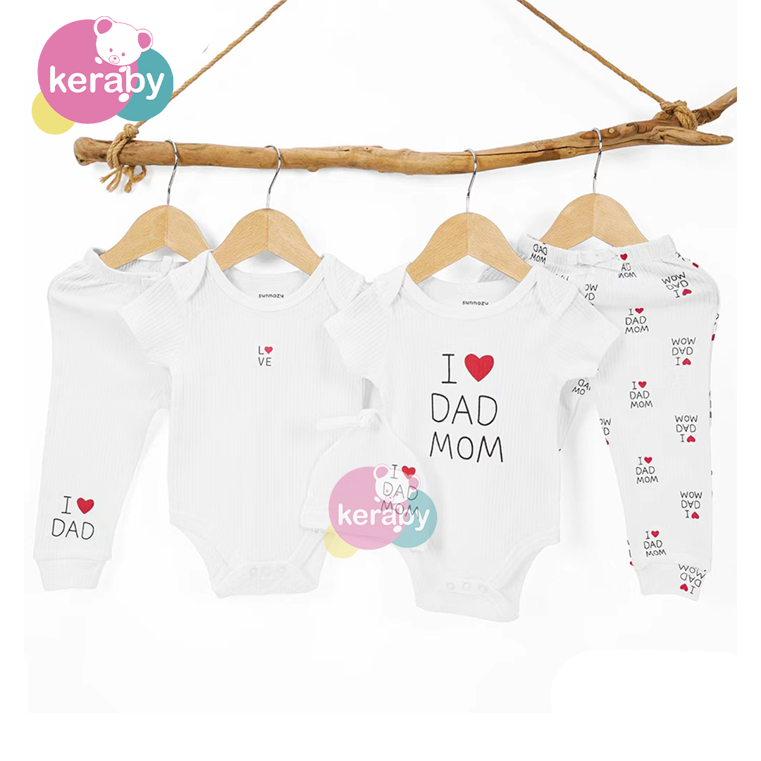 ENSEMBLE 2 BODY + 2 PANTALON+ BONNET I LOVE DAD MOM