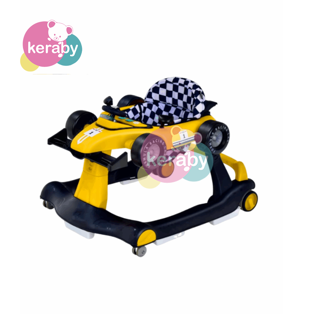 TROTTEUR  PLIABLE 4 EN 1 POUSSEUR AVEC LUMIERE VOLANT APPARENCE DE VOITURE JAUNE